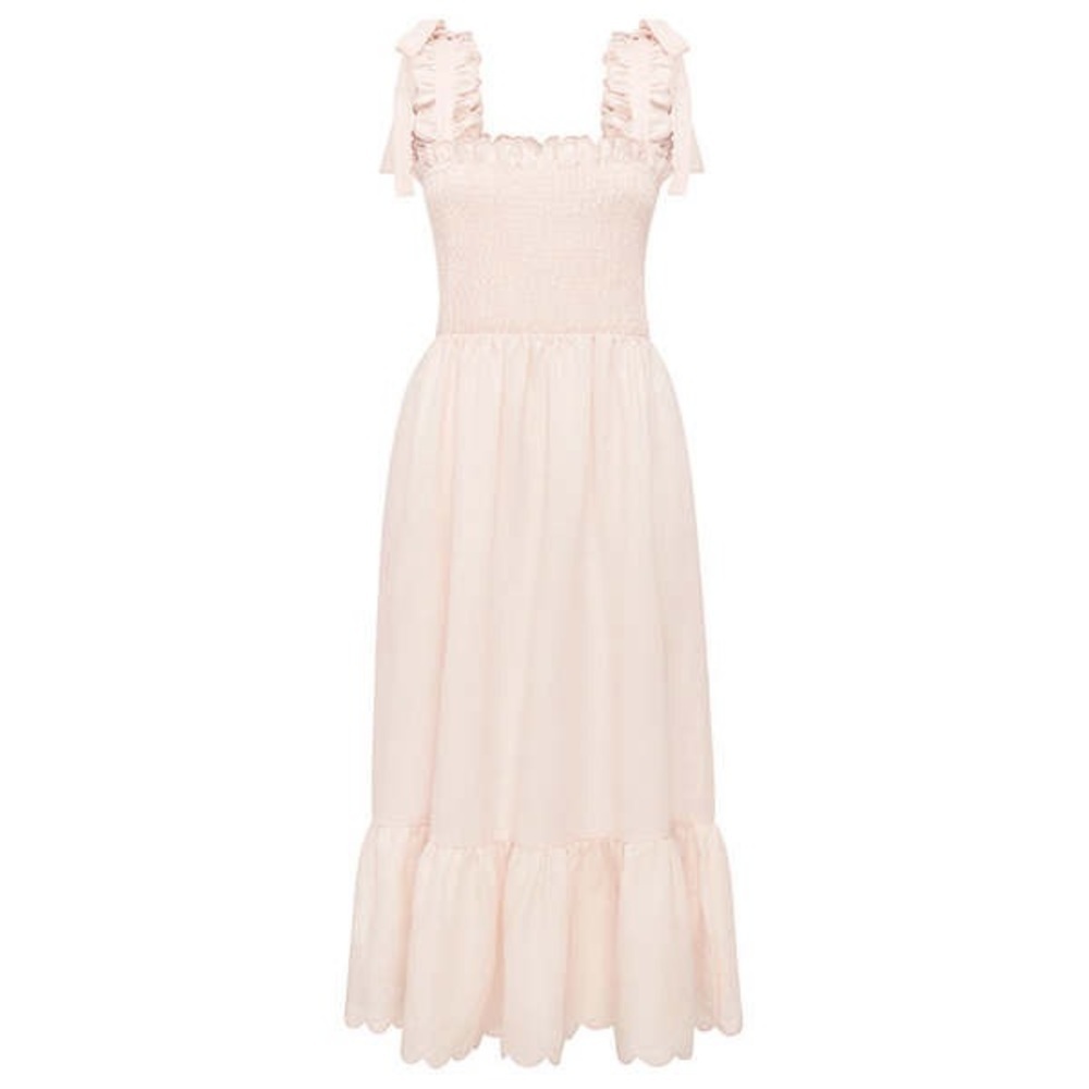 Ephemera Linen Bow Tie Scalloped Midi Dress